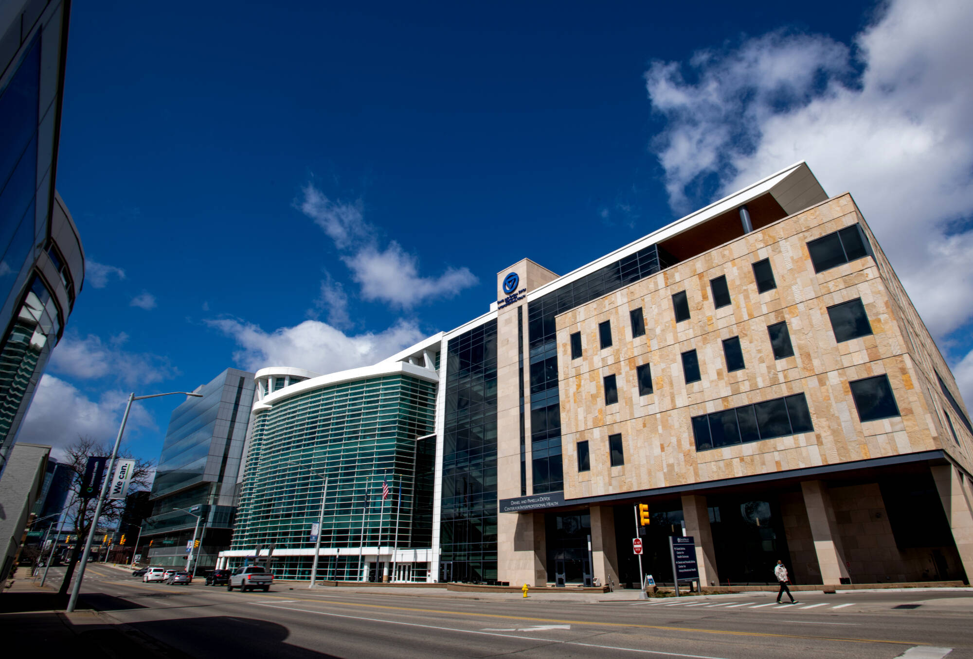 Exterior shot of the Daniel and Pamella DeVos Center for Interprofessional Health building